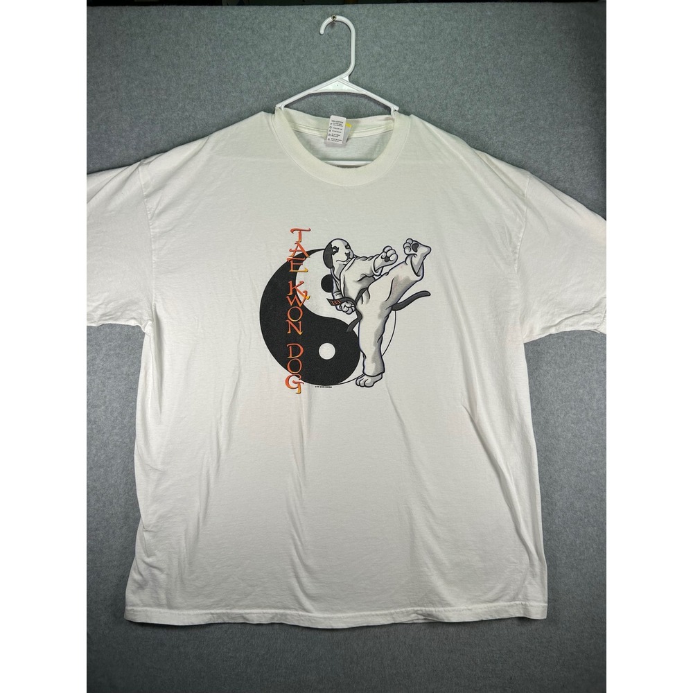 Stain* Vtg Big Dogs Tae Kwon Dog Graphic T-Shirt White XXL Made in USA 90s